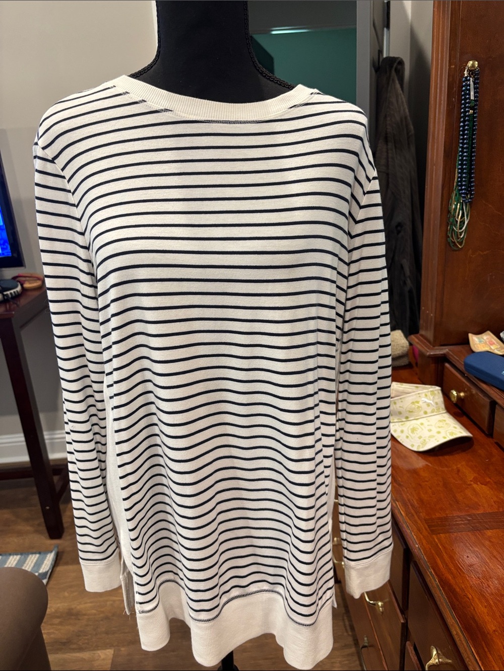 Chico's White and Black Striped Long-Sleeve Knit Top